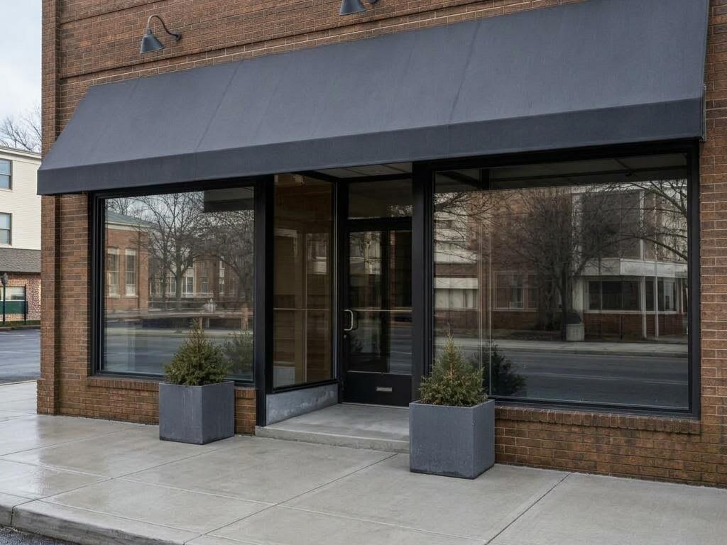 Clean commercial storefront entrance, sidewalk, and lower brick facade