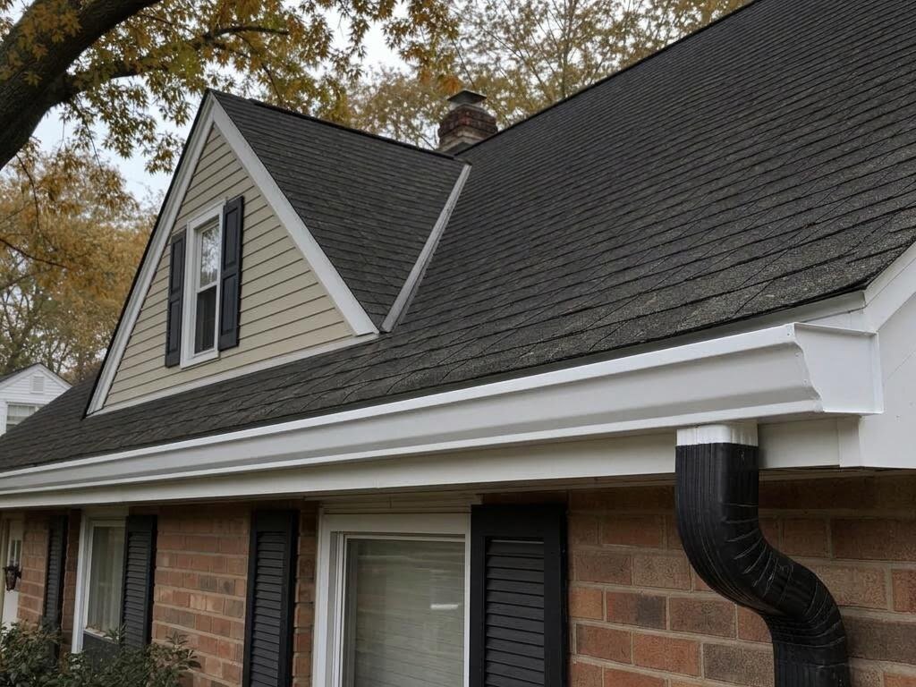 Roofline gutter and downspout after leaves and debris were cleared
